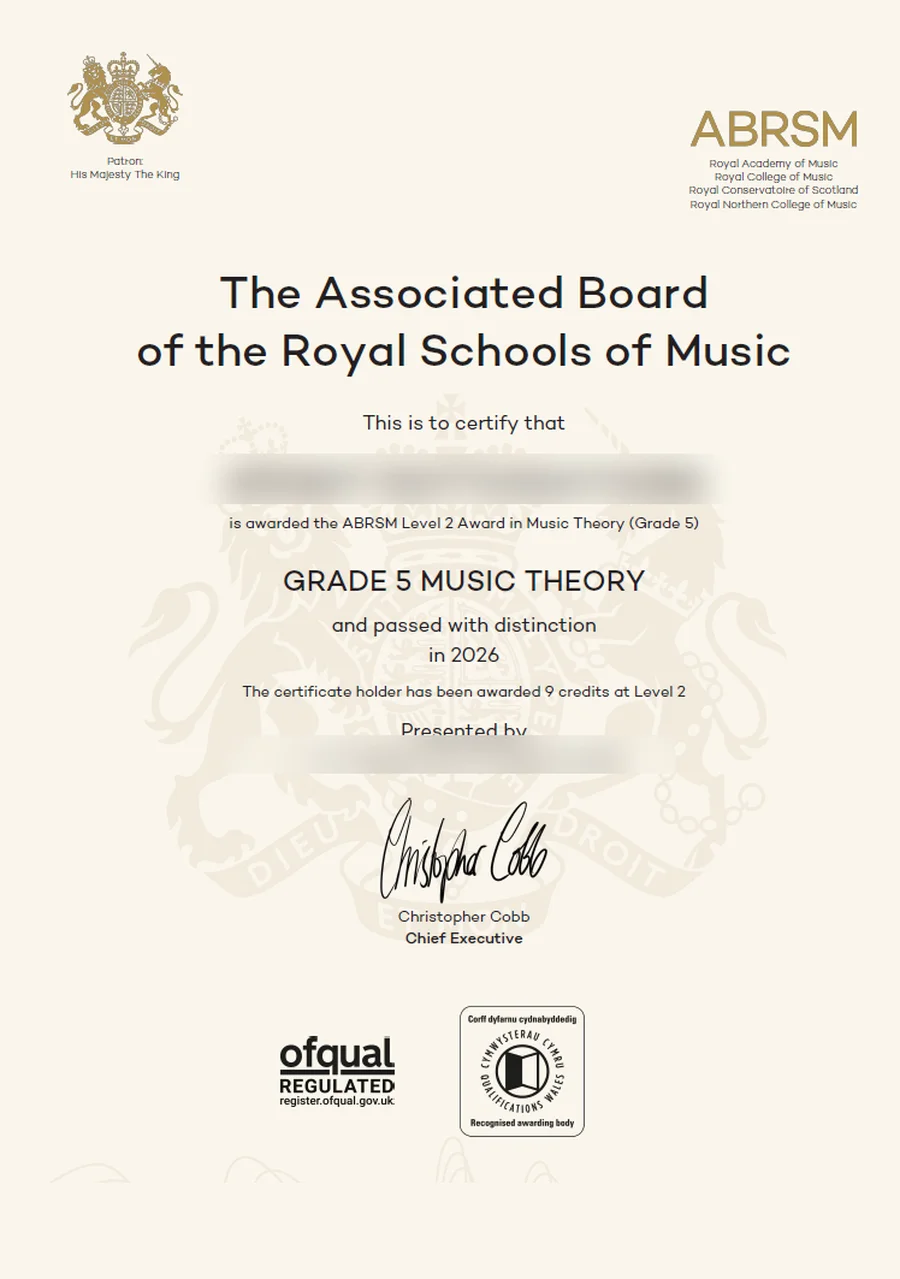 ใบประกาศนียบัตร ABRSM Music Theory Grade 5 ระดับ Distinction (ปิดบังข้อมูลส่วนบุคคล)