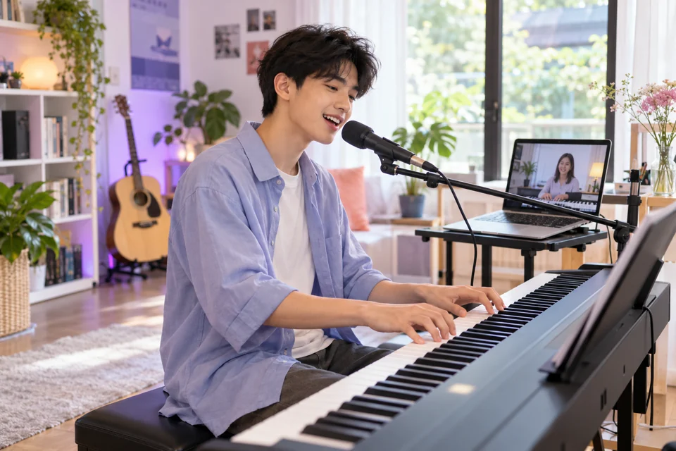 ภาพจำลองวัยรุ่นเล่นเปียโนประกอบการร้องเพลง