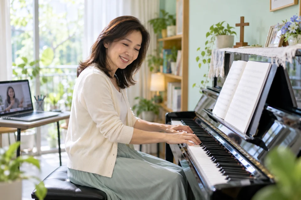 ภาพจำลองผู้ใหญ่กำลังฝึกเพลงคริสเตียนบนเปียโน