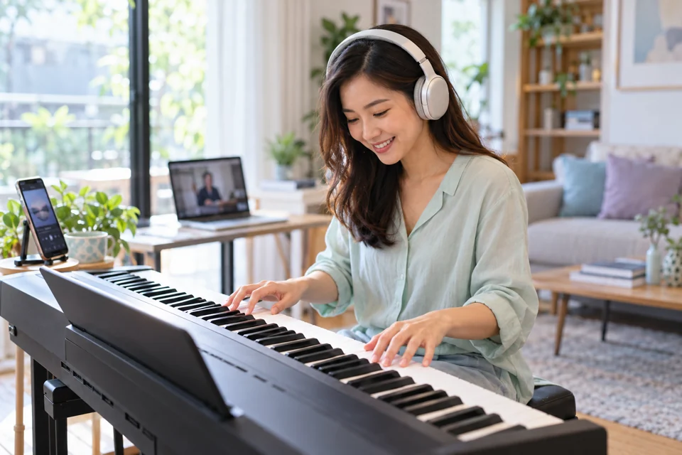 ภาพจำลองผู้ใหญ่ฝึกฟังและแกะเพลงด้วยหูบนเปียโน