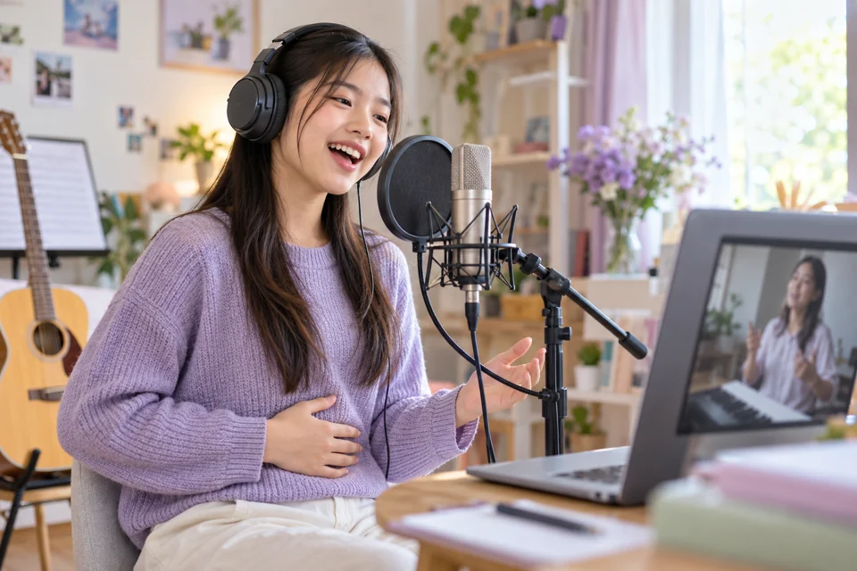 ภาพจำลองวัยรุ่นกำลังเรียนร้องเพลงออนไลน์กับไมโครโฟน